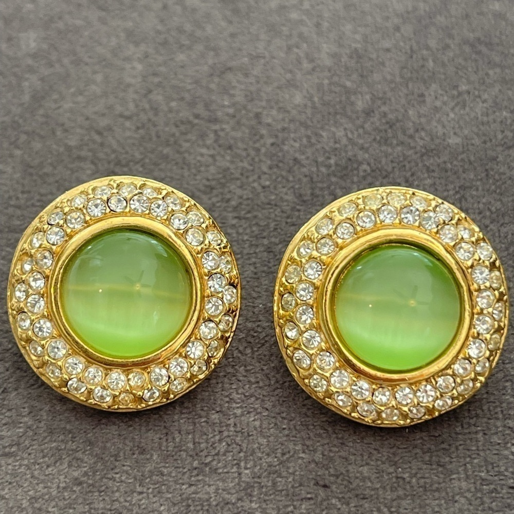 ROMAN Vintage Gold With Crystals And Green Cats Eye Cabochons clip on Earrings